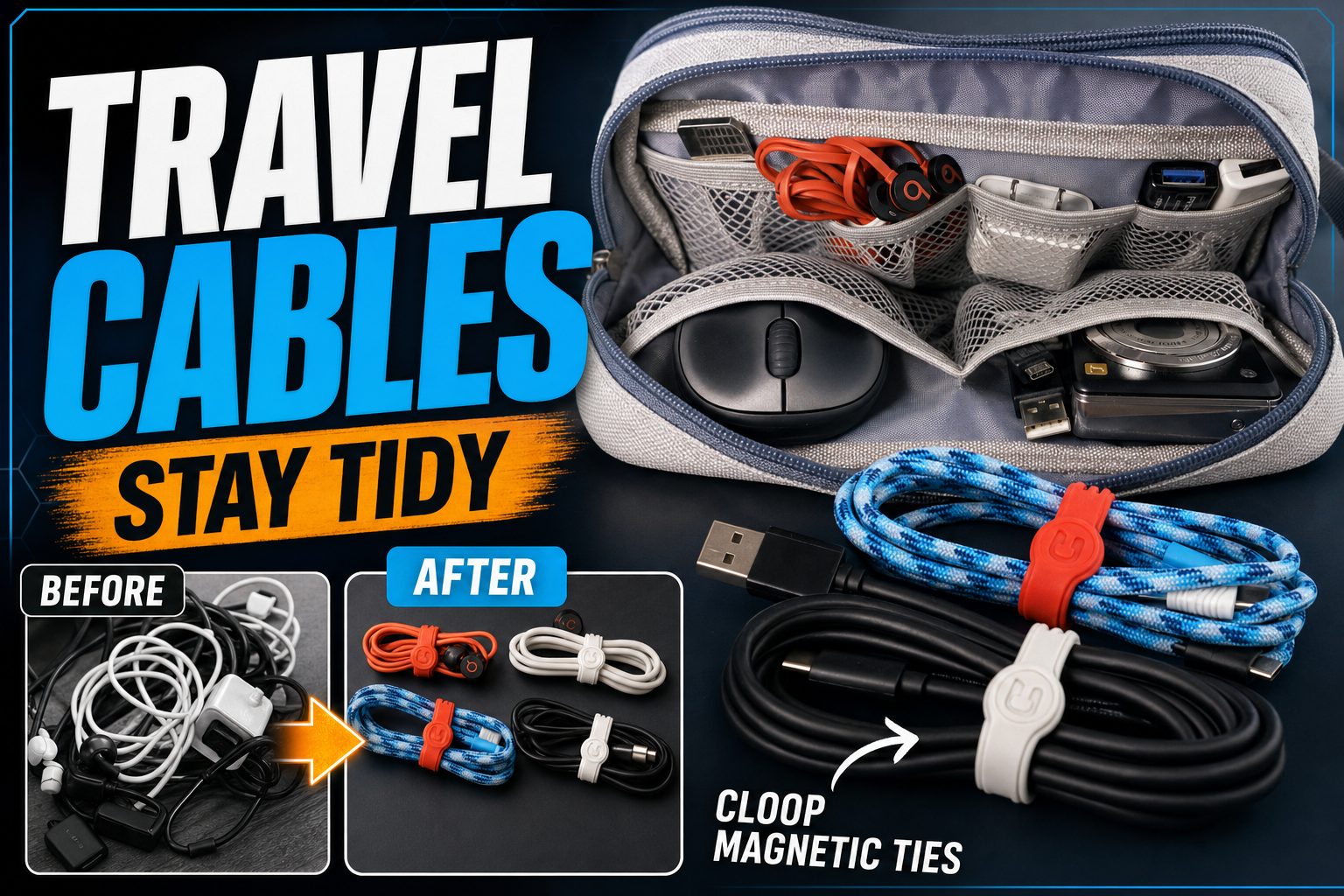 Travel cable organizer pouch with Cloop magnetic cable ties keeping earbuds, USB-C chargers, and thicker travel power cords tidy