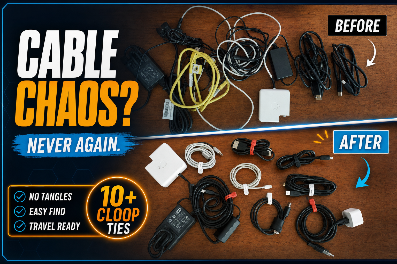 Cloop magnetic cable ties organizing charging cables on a clean desk.