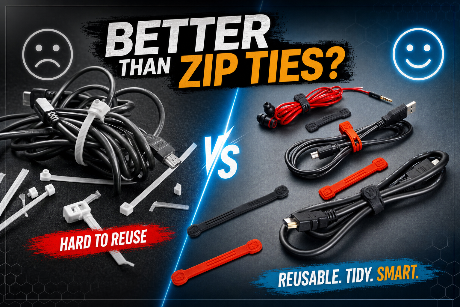 Reusable magnetic cable ties organizing black and red cables beside disposable zip ties.