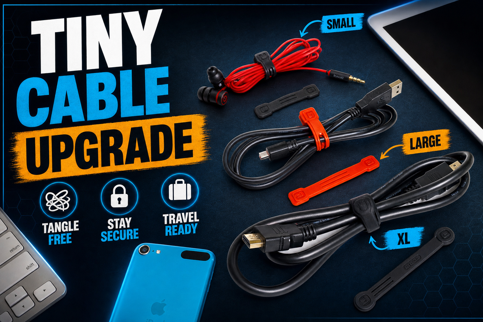 Reusable silicone cable ties securing charging and headphone cables in a tidy setup.