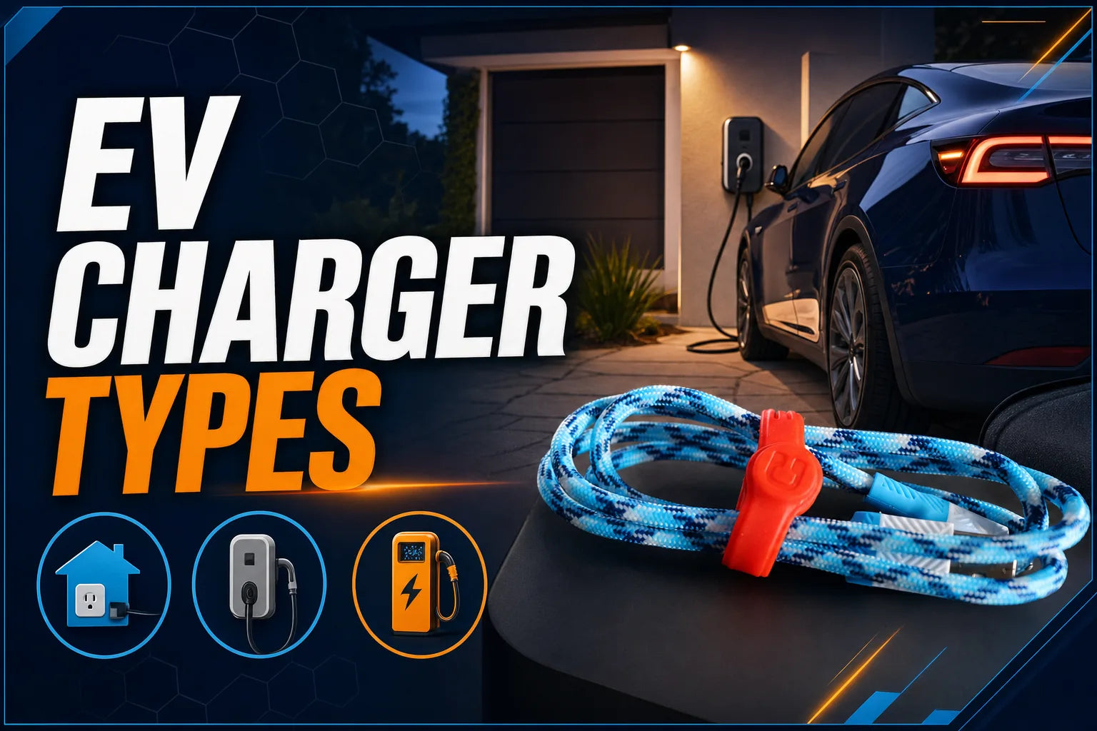 Cloop-organized blue accessory cable shown separately from an electric car using a home wall charger