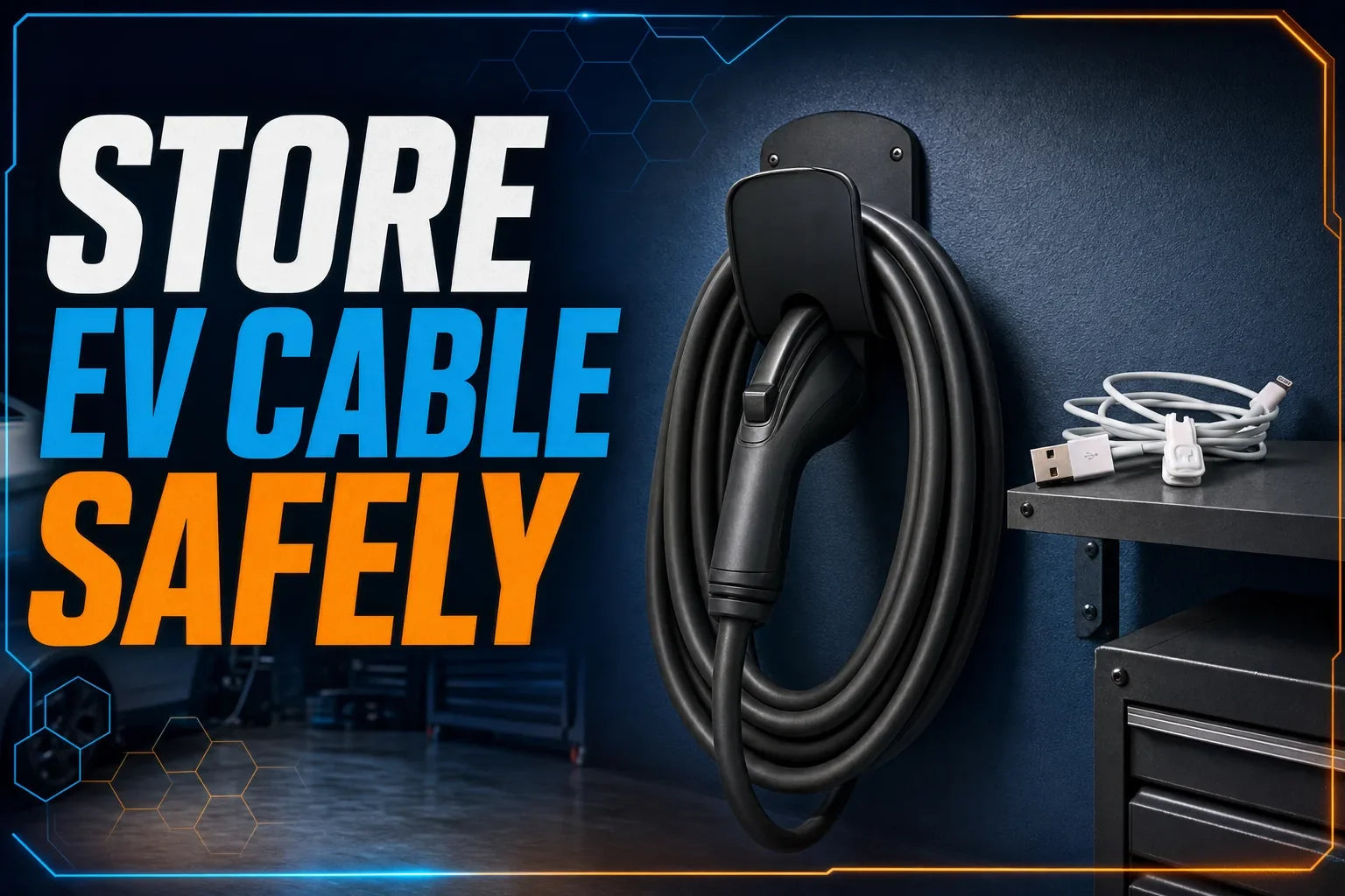 EV charging cable stored in relaxed loops on a wall holster beside a separate Cloop-organized USB cable