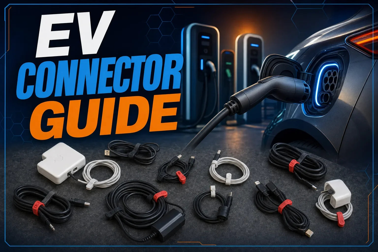 EV connector guide hero with an electric car charging and real Cloop ties organizing separate low-voltage accessory cables