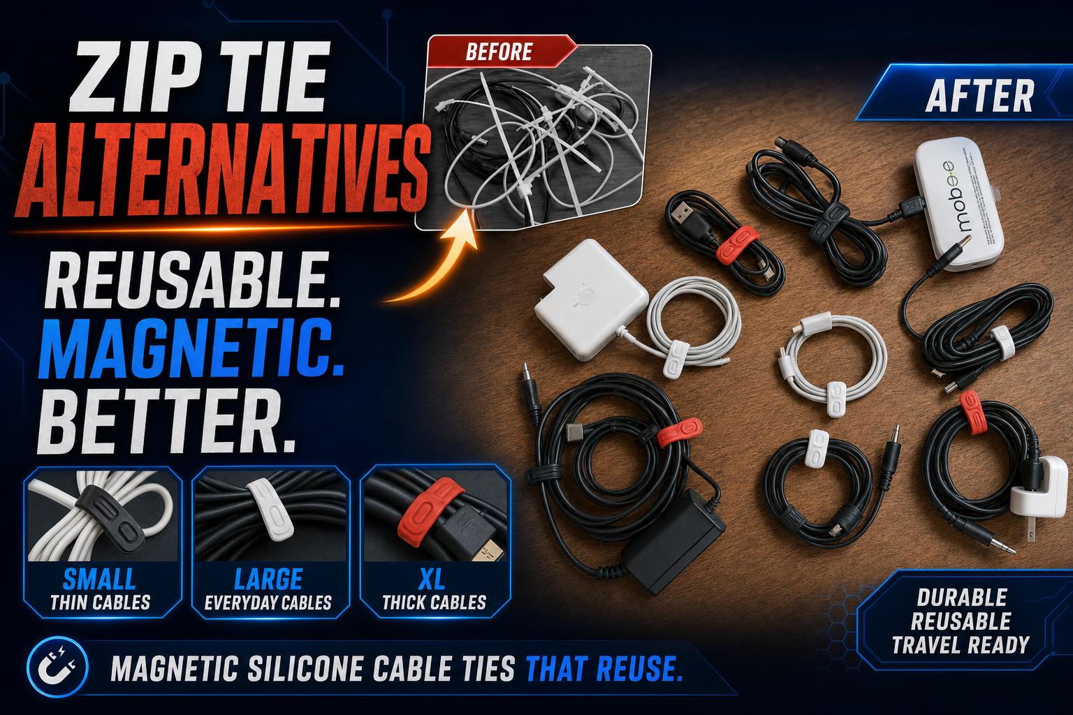 Zip tie alternatives before and after: real Cloop magnetic cable ties organizing chargers, USB cables, and power cords