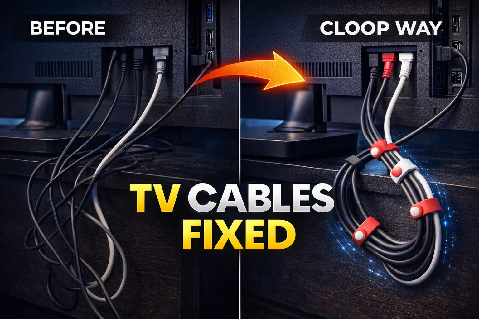 HDMI cable organization behind a TV with Cloop magnetic cable ties
