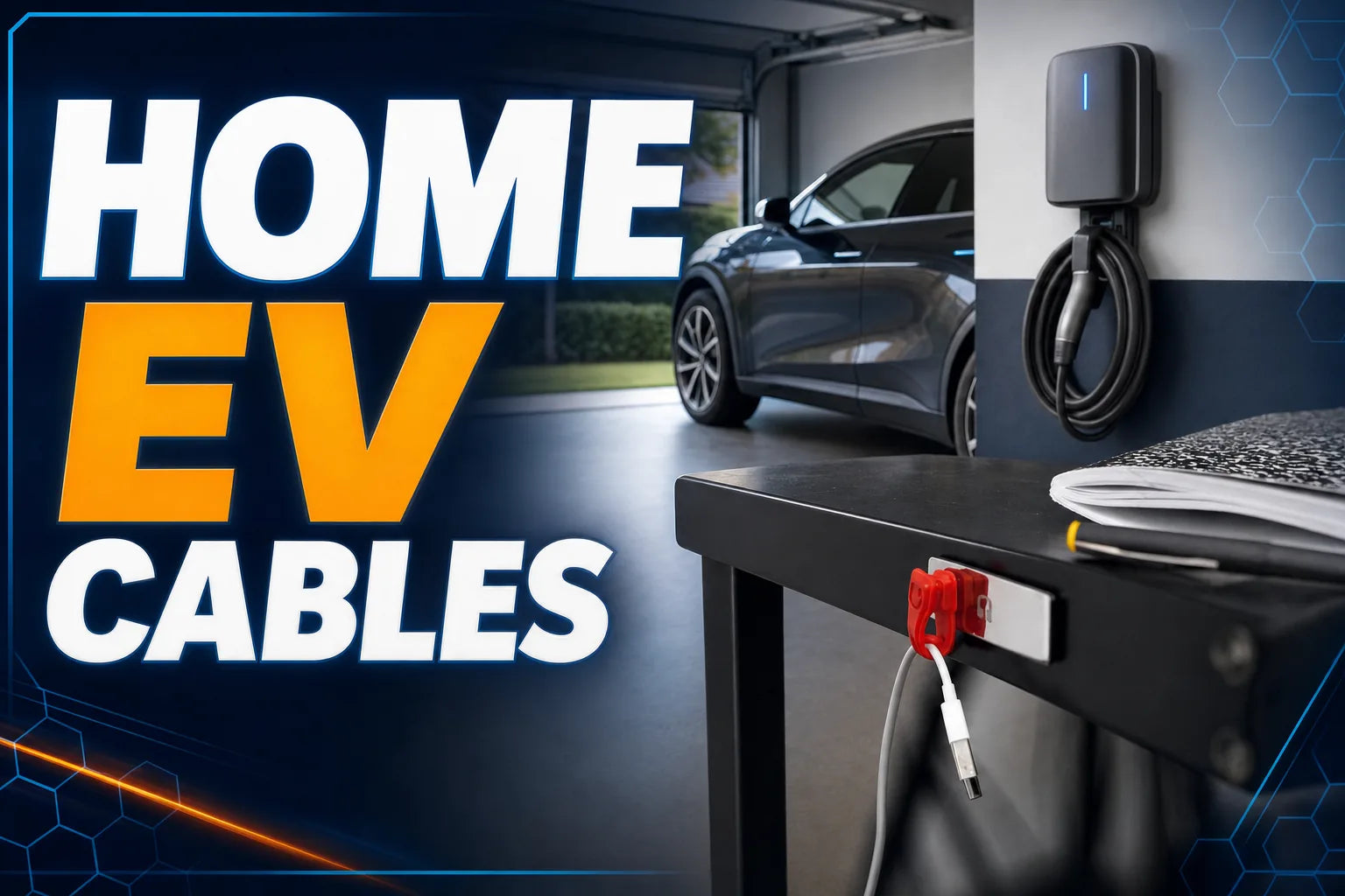 Home EV wall charger with its cable on a holster and a real red Cloop keeping a separate USB cable accessible