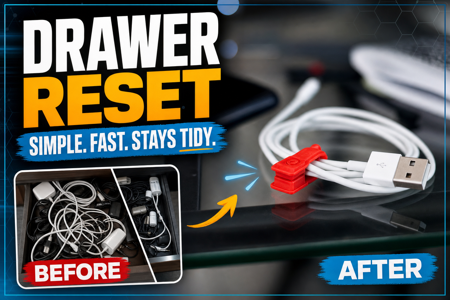 Before and after cable drawer organization with reusable Cloop magnetic cable ties