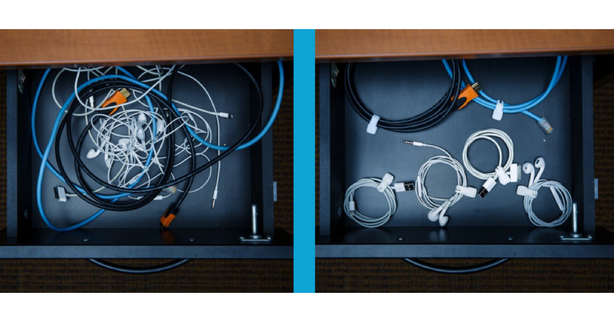 Before and after junk drawer organization: tangled cable chaos on the left, the same drawer with cables coiled and secured with Cloop magnetic ties on the right