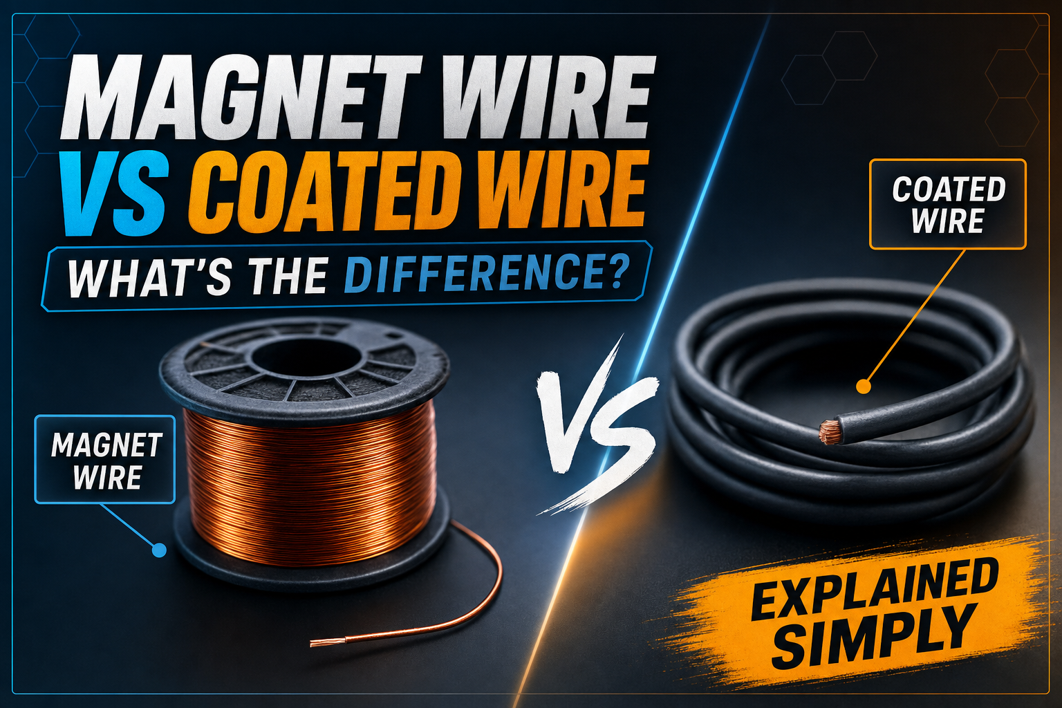 Comparison of magnet wire and coated wire with copper wire samples on a technical workbench.