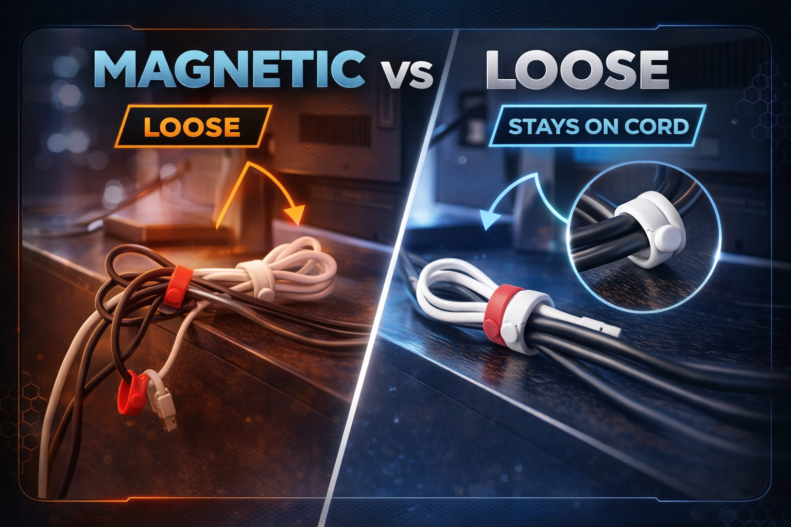 Magnetic cable ties that stay on the cord for desk cable organization