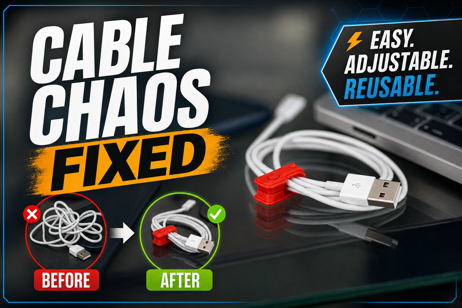 Step-by-step cable tie installation organizing a white USB cable with a reusable red magnetic Cloop tie on a desk.