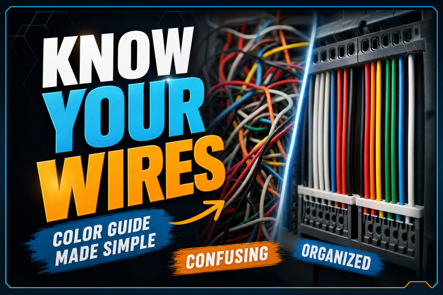 Color-coded electrical wires organized in a terminal block beside a tangled wire bundle.