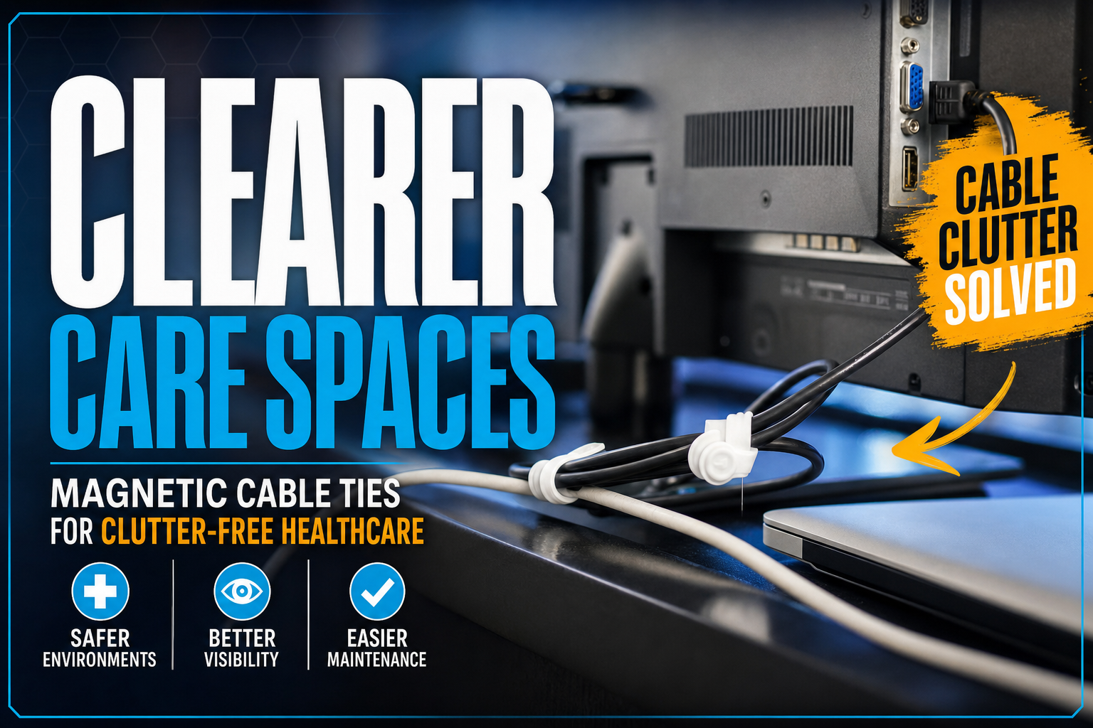 Magnetic cable ties organizing equipment cables in a clean healthcare workspace.