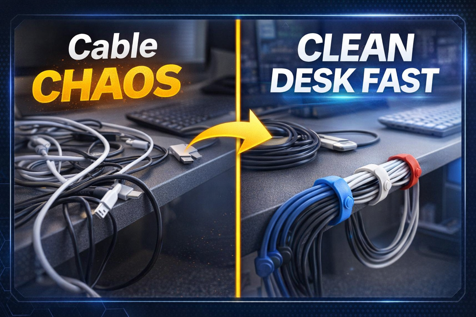 Desk charging cable clip and loop setup using Cloop magnetic cable ties