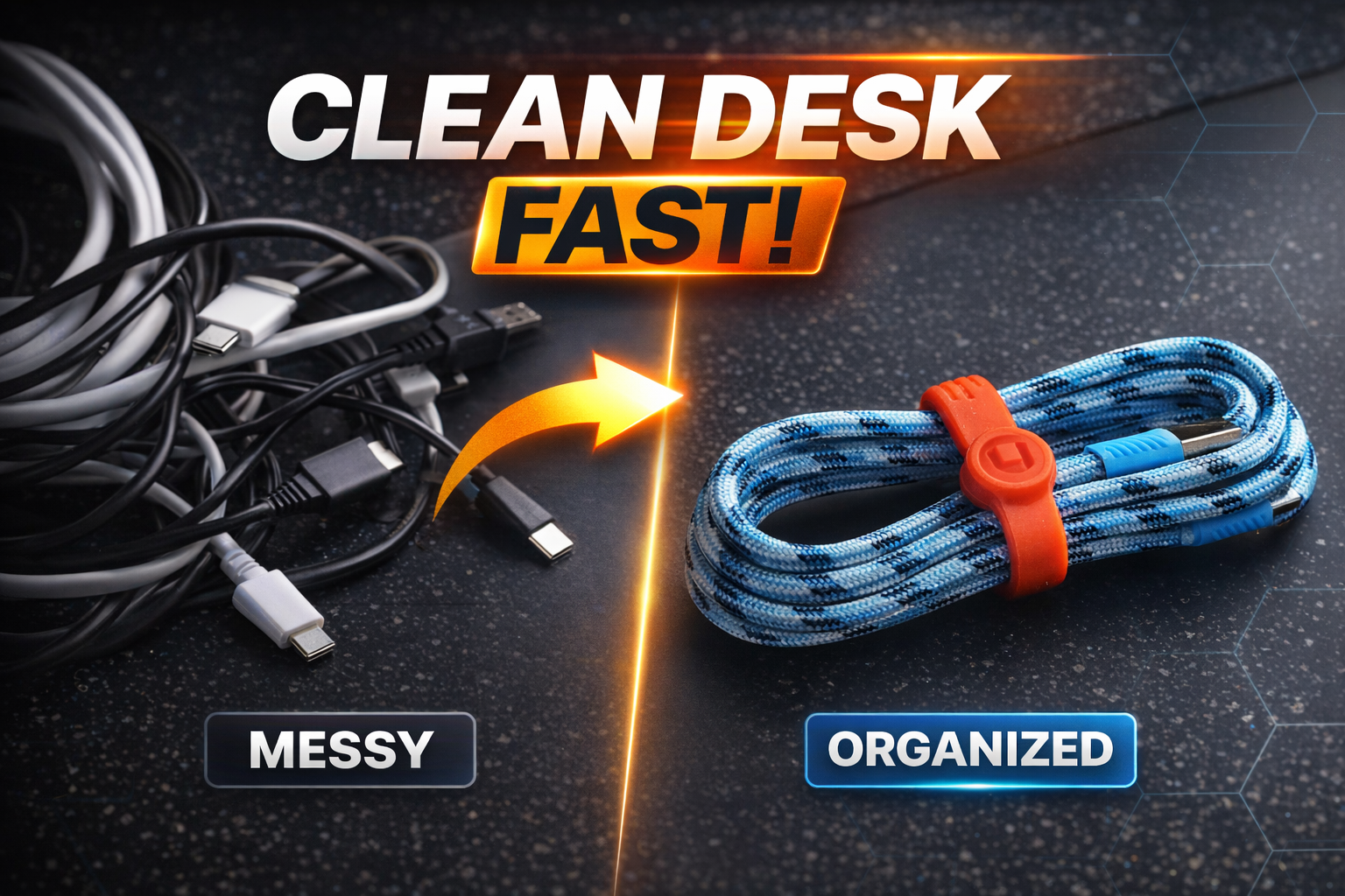 Minimalist desk cable management with a red Cloop XL magnetic cable tie