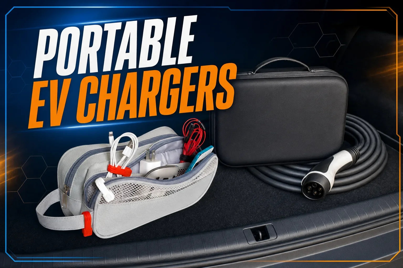 Portable EV charger stored beside a separate Cloop-organized low-voltage travel cable pouch