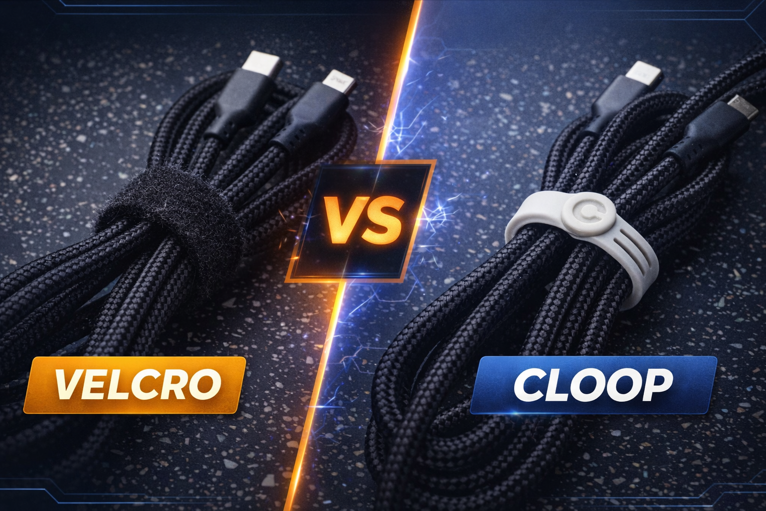 Velcro cable tie compared with Cloop magnetic reusable cable tie organizing black USB-C cables