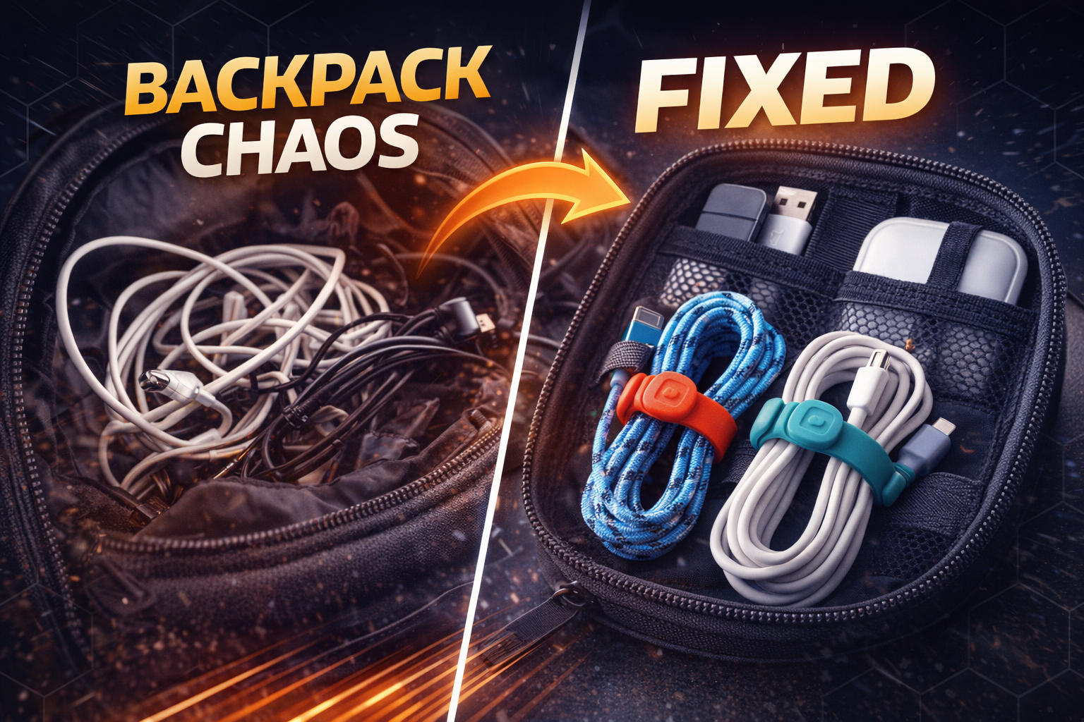 Travel cable organizer with Cloop magnetic cable ties in a tech pouch