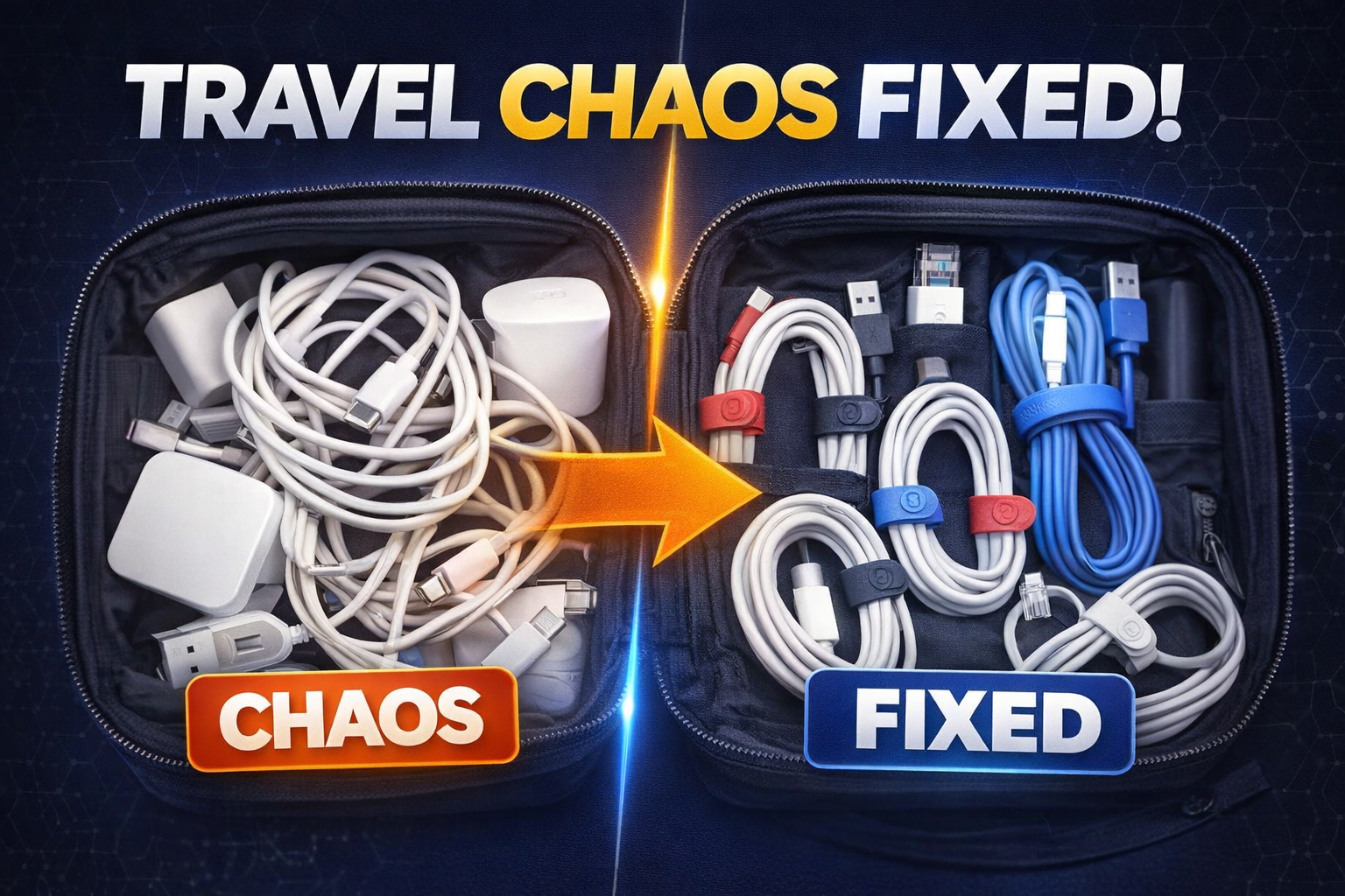 Cloop magnetic cable ties organizing a travel tech kit with USB-C cables and chargers