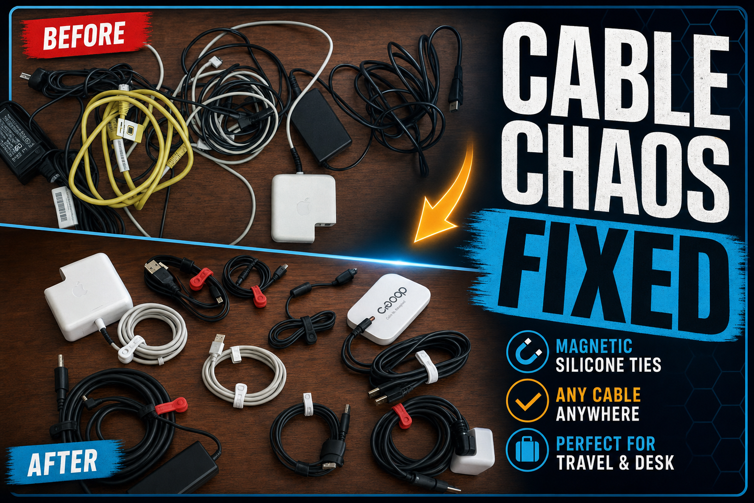 Cable organizers grouping charging, desk, and travel cords into a tidy everyday setup.
