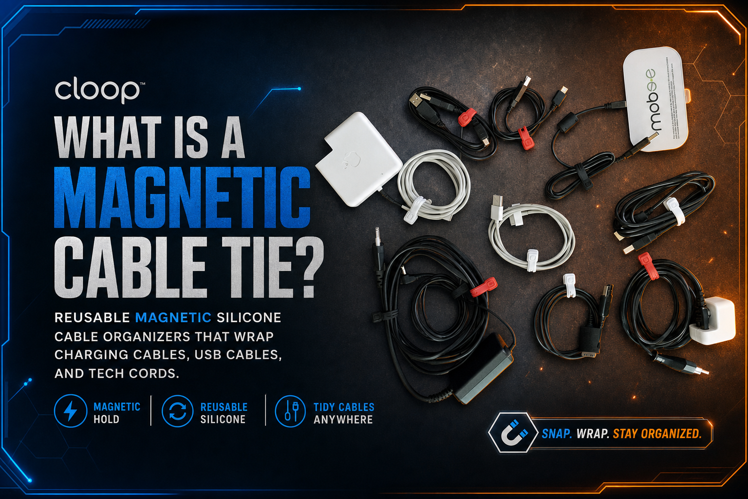 What is a magnetic cable tie guide showing Cloop reusable magnetic silicone cable organizers for charging cables and tech cords