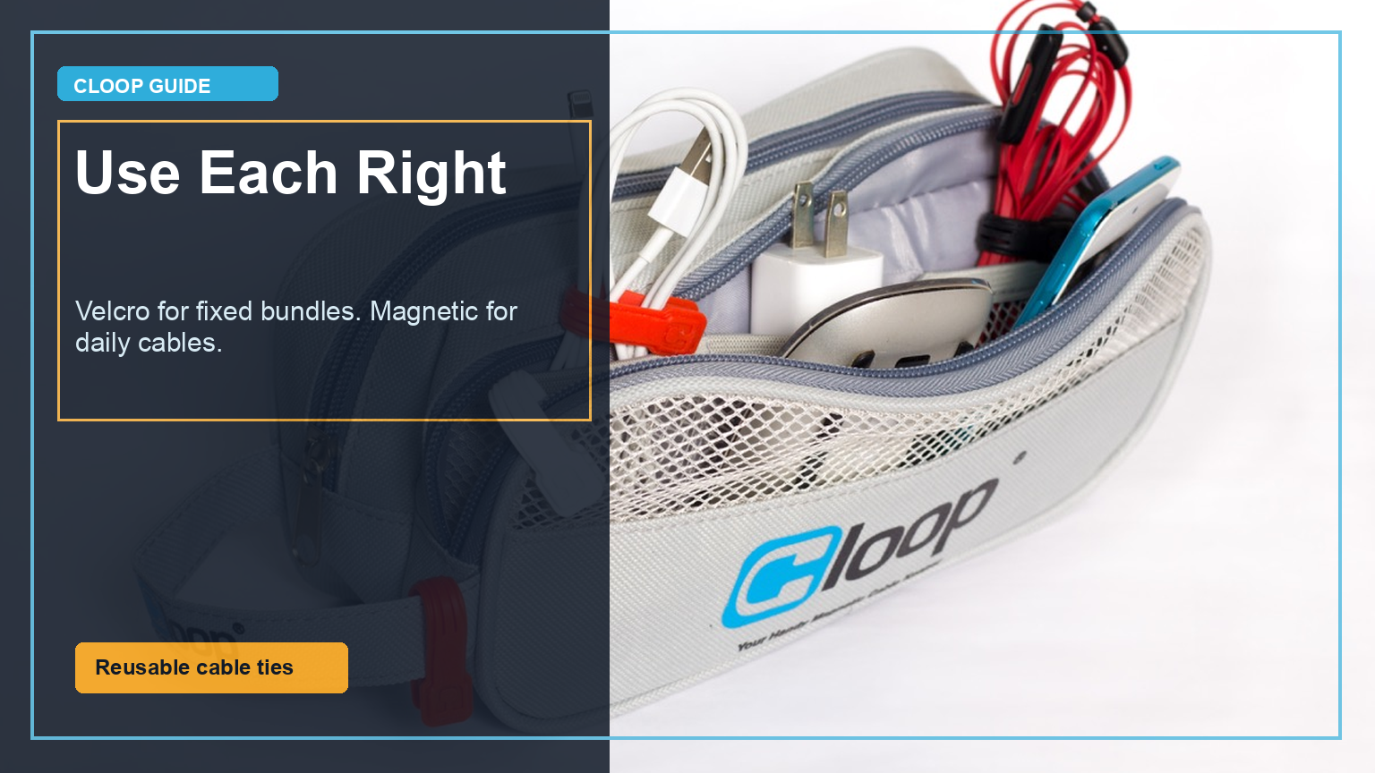Cloop magnetic cable keepers organizing chargers in a travel pouch for Velcro versus magnetic cable keeper guidance